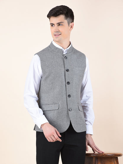 Waist Coat for Men | Premium Casual Waist Coat Regular Fit Mandarin Collar Wool Blend Fabric Self Design Pattern