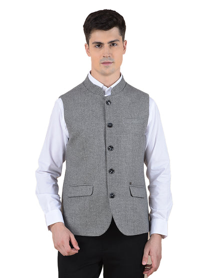 Waist Coat for Men | Premium Casual Waist Coat Regular Fit Mandarin Collar Wool Blend Fabric Self Design Pattern