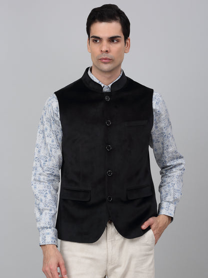 Men Black Solid Partywear Band Collar Sleeveless Waist Coat