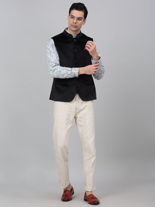 Men Black Solid Partywear Band Collar Sleeveless Waist Coat