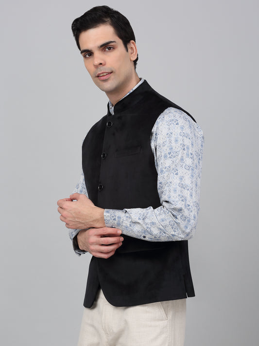 Men Black Solid Partywear Band Collar Sleeveless Waist Coat