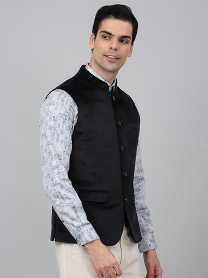 Men Black Solid Partywear Band Collar Sleeveless Waist Coat