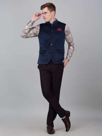 Men Navy Blue Solid Partywear Band Collar Sleeveless Waist Coat