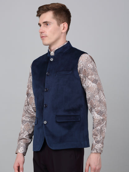 Men Navy Blue Solid Partywear Band Collar Sleeveless Waist Coat
