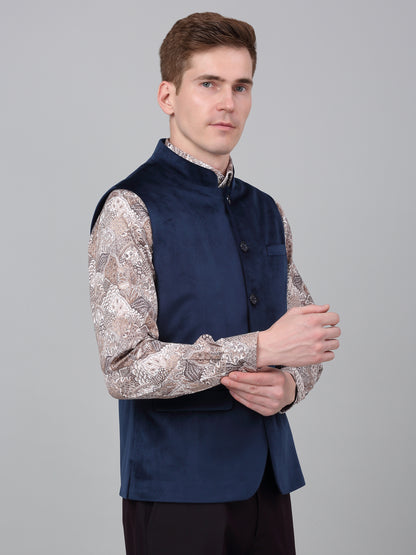 Men Navy Blue Solid Partywear Band Collar Sleeveless Waist Coat