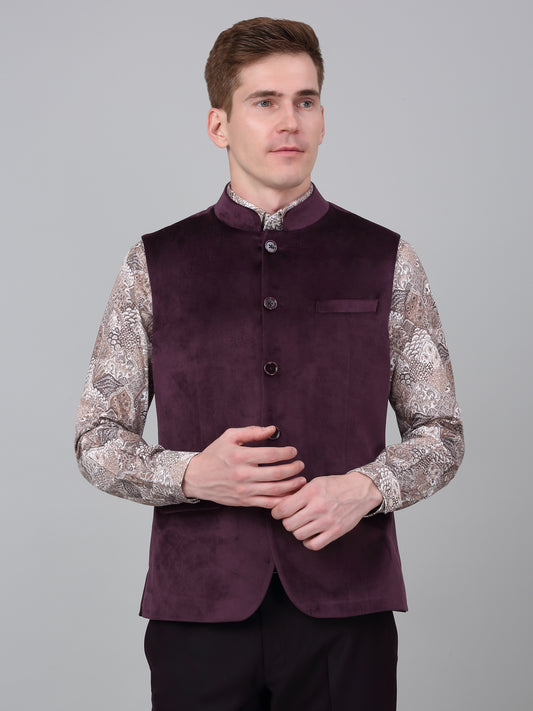 Men Wine Solid Partywear Band Collar Sleeveless Waist Coat