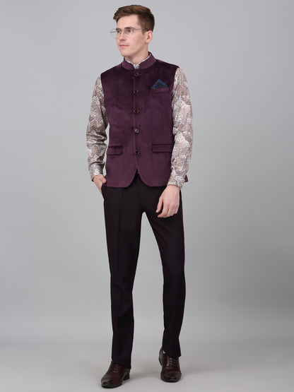 Men Wine Solid Partywear Band Collar Sleeveless Waist Coat