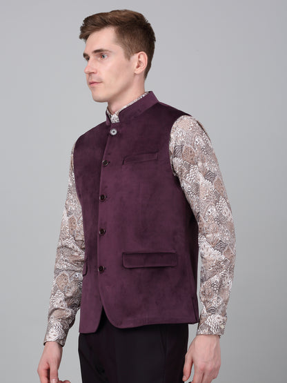 Men Wine Solid Partywear Band Collar Sleeveless Waist Coat