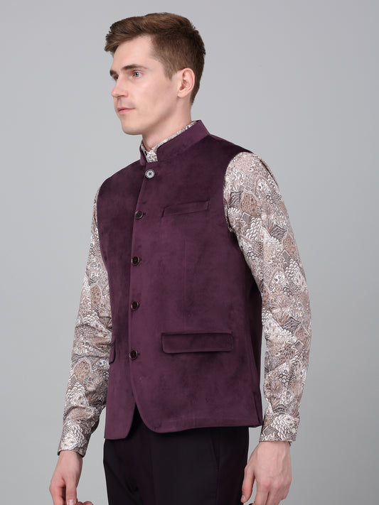 Men Wine Solid Partywear Band Collar Sleeveless Waist Coat