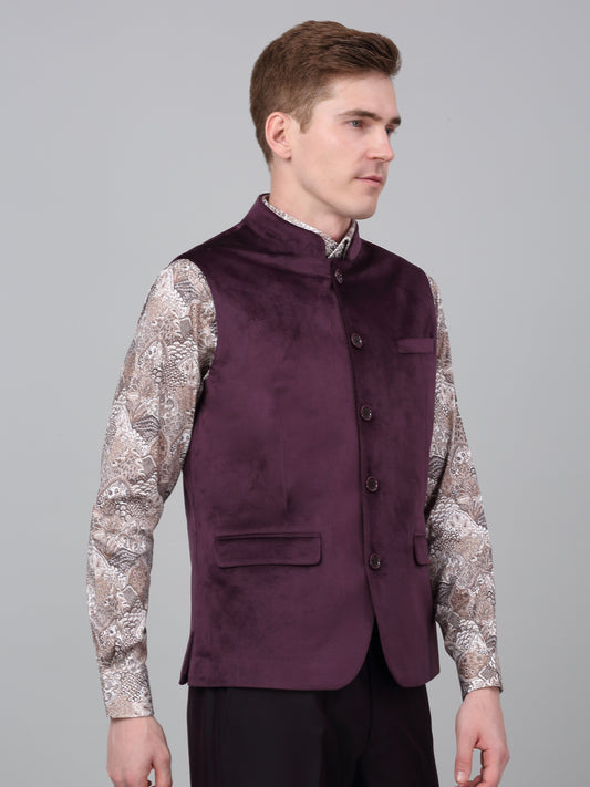 Men Wine Solid Partywear Band Collar Sleeveless Waist Coat