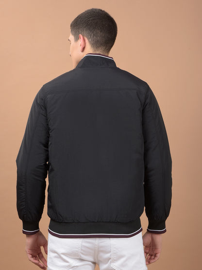Men's Black Solid Mock Neck Reversible Winter Jacket