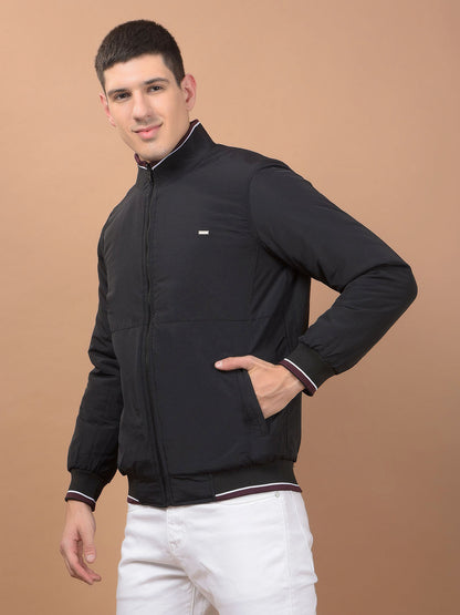 Men's Black Solid Mock Neck Reversible Winter Jacket