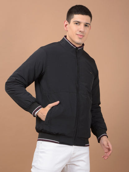 Men's Black Solid Mock Neck Reversible Winter Jacket