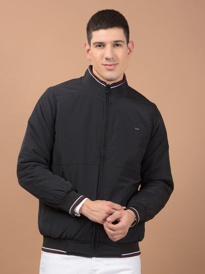Men's Black Solid Mock Neck Reversible Winter Jacket
