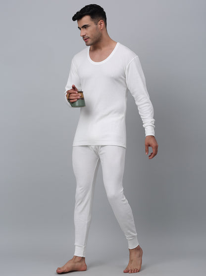 Solid Non Pleated Regular Fit Mid Rise Off White Thermal Bottom For Men