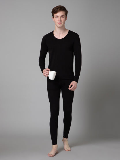 Solid Non Pleated Regular Fit Mid Rise Black Thermal Bottom For Men