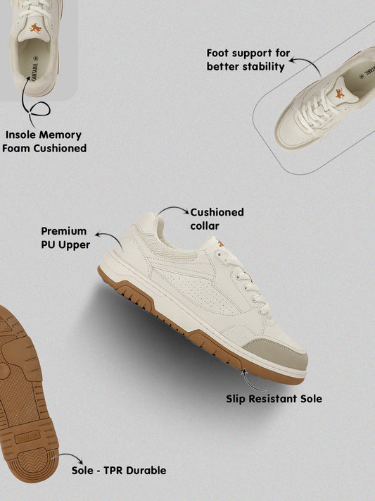 Men's White & Beige Colorblock Casual Sneakers Shoes