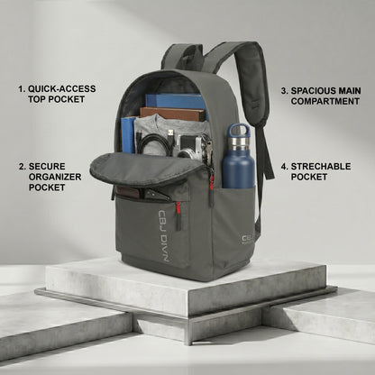 17 Litre Laptop Backpack Upto 18 inchs Laptop for School, Office, College & Travel Bag for Men and Women (Grey) | 2 Compartments, Side Pocket, Padded Shoulder Strap, Smooth-Glide Zippers