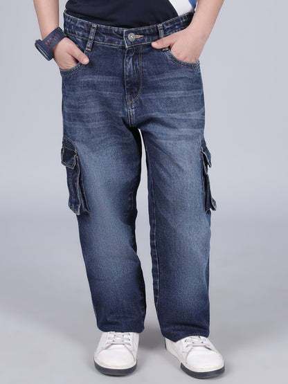 Boys Solid Blue Regular Fit Casual Cargo