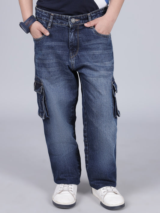 Boys Solid Blue Regular Fit Casual Cargo