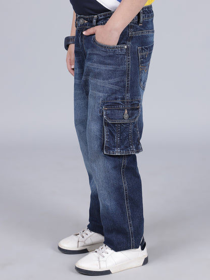 Boys Solid Blue Regular Fit Casual Cargo