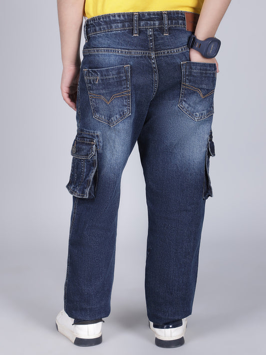 Boys Solid Blue Regular Fit Casual Cargo