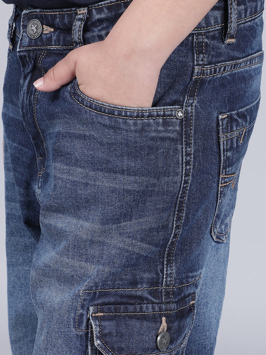 Boys Solid Blue Regular Fit Casual Cargo