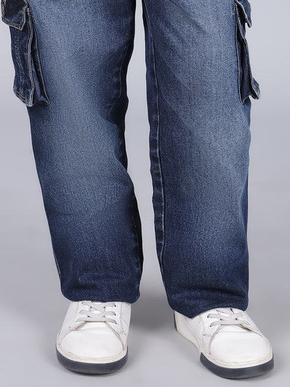Boys Solid Blue Regular Fit Casual Cargo