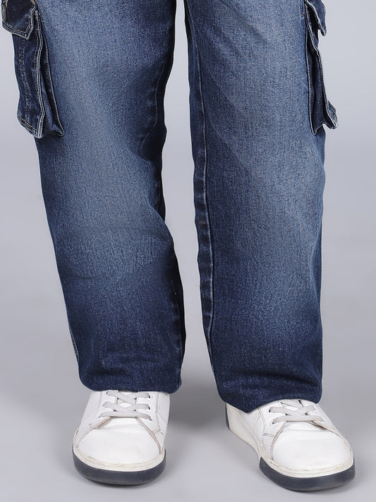 Boys Solid Blue Regular Fit Casual Cargo