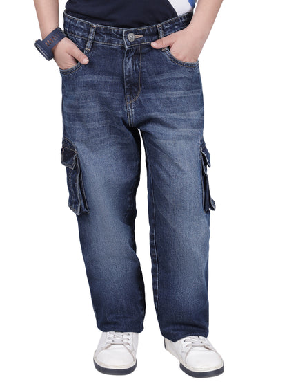 Boys Solid Blue Regular Fit Casual Cargo