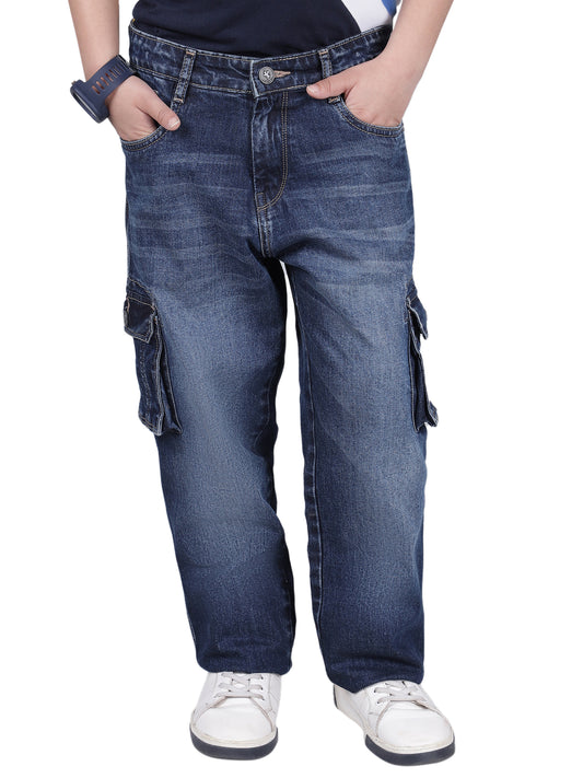 Boys Solid Blue Regular Fit Casual Cargo