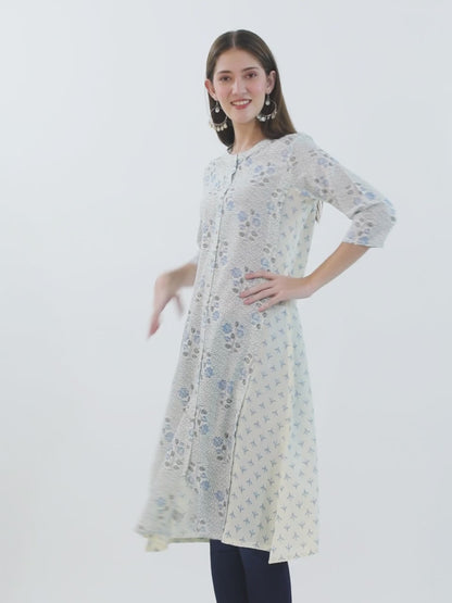 Women's White Floral Printed Three Quarter Sleeves Kurti