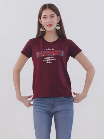 Women's Maroon Printed Short Sleeve T-shirt