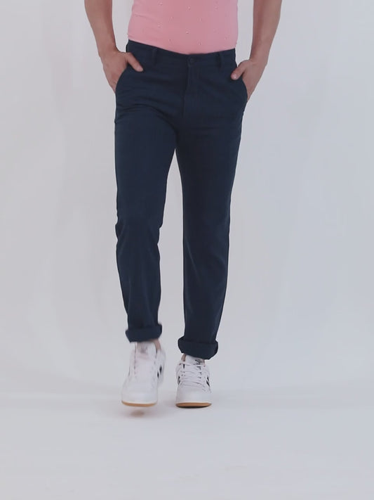 Men's Blue Checkered Non-Pleated Casual Trouser