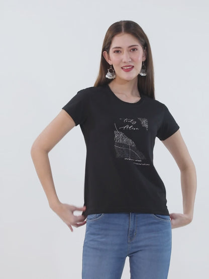 Women's Black Printed Short Sleeve T-shirt