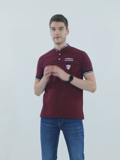 Men's Maroon Printed Mandarin Collar T-shirt