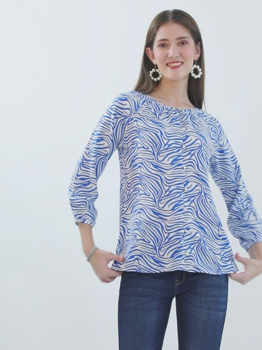 Women's Blue Printed Casual Top