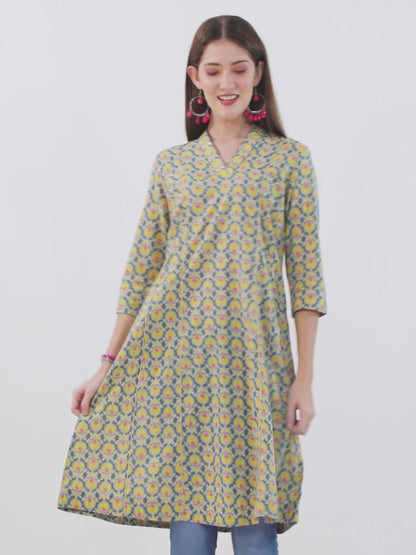 Women's Mustard Floral Printed Three Quarter Sleeves Kurti