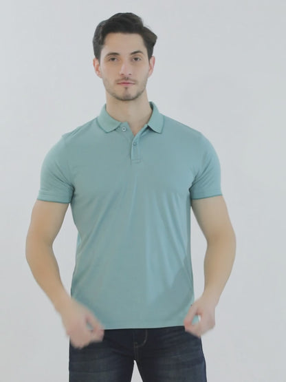 Men's Aqua Blue Solid Polo Neck T-shirt