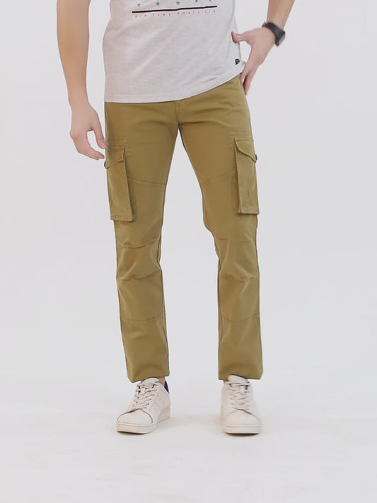 Men's Khaki Solid Full Length Stretchable Cargo