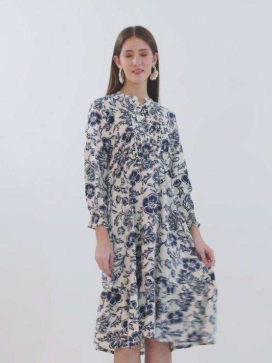 Women's Casual Mandarin collar Blue Floral Print Fit & Flared Dress