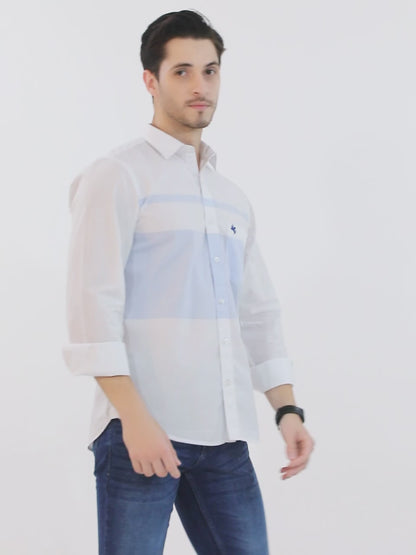 Men's Sky Blue Casual Horizontal Placement Stripe Full Sleeve Shirt