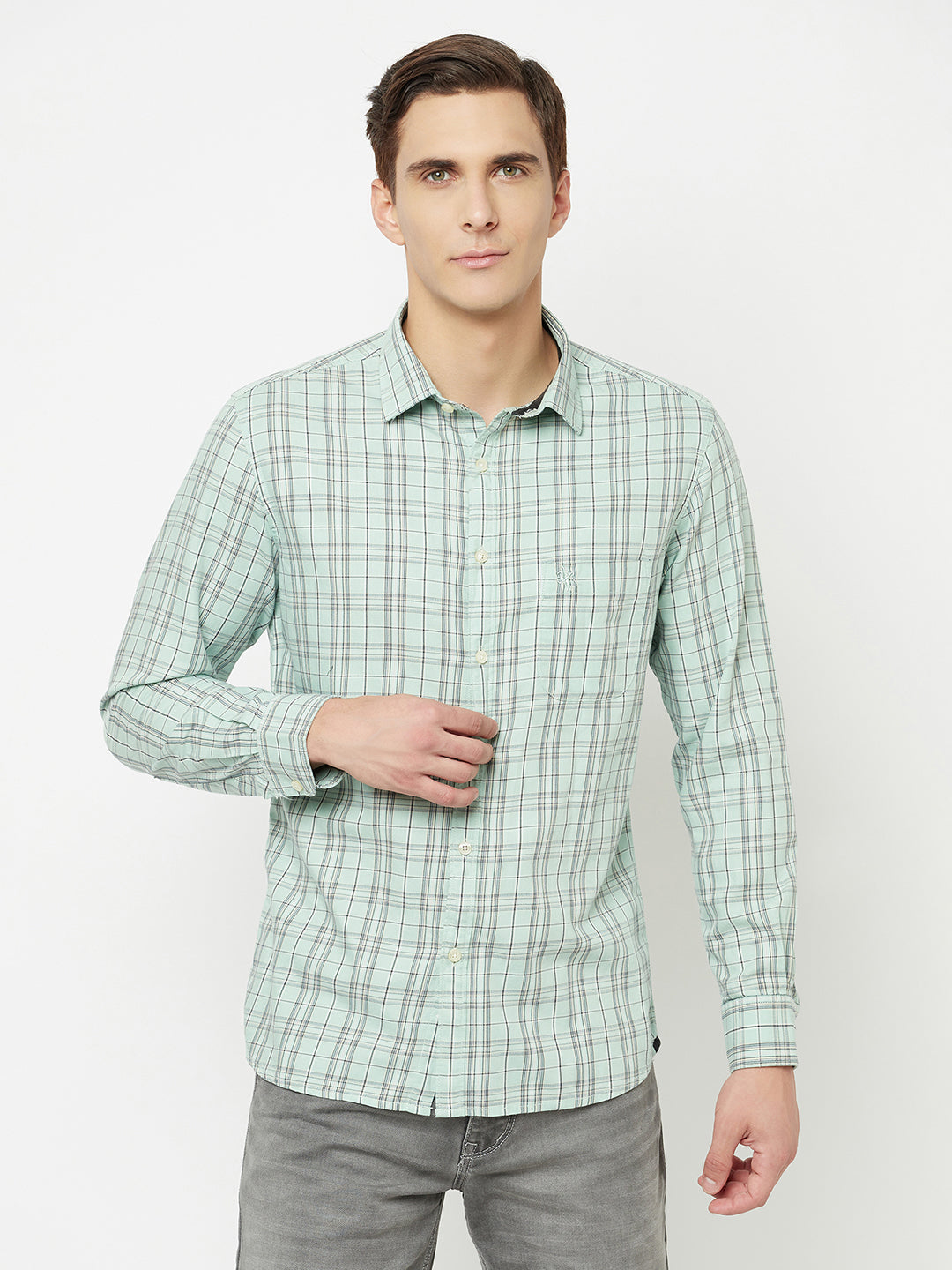 Cantabil Cotton Checkered Light Green Full Sleeve Casual Shirt for Men with Pocket (6827062198411)