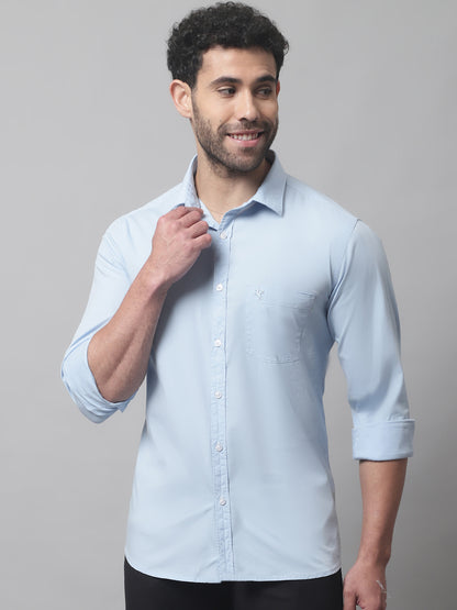 Cantabil Cotton Blend Solid Sky Blue Full Sleeve Casual Shirt for Men with Pocket (7070329733259)