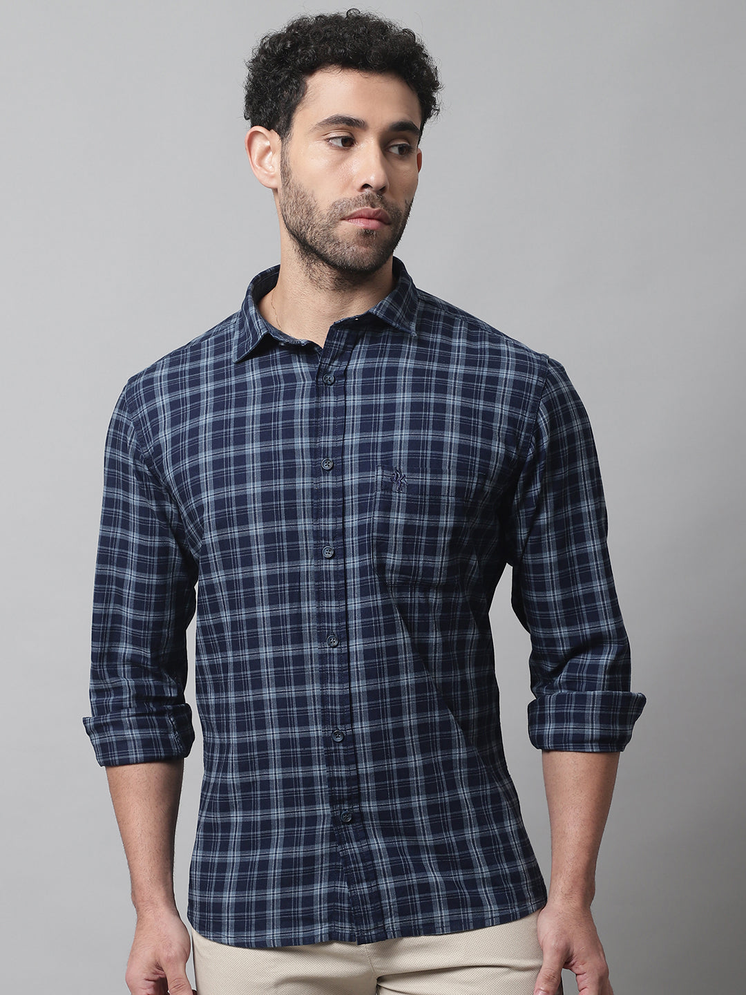 Cantabil Cotton Checkered Navy Blue Full Sleeve Casual Shirt for Men with Pocket (7070293688459)