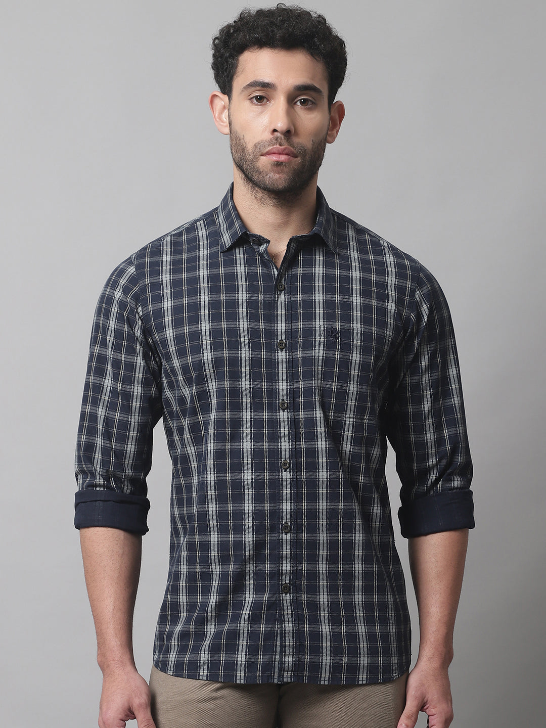 Cantabil Cotton Checkered Navy Blue Full Sleeve Casual Shirt for Men with Pocket (7070323507339)