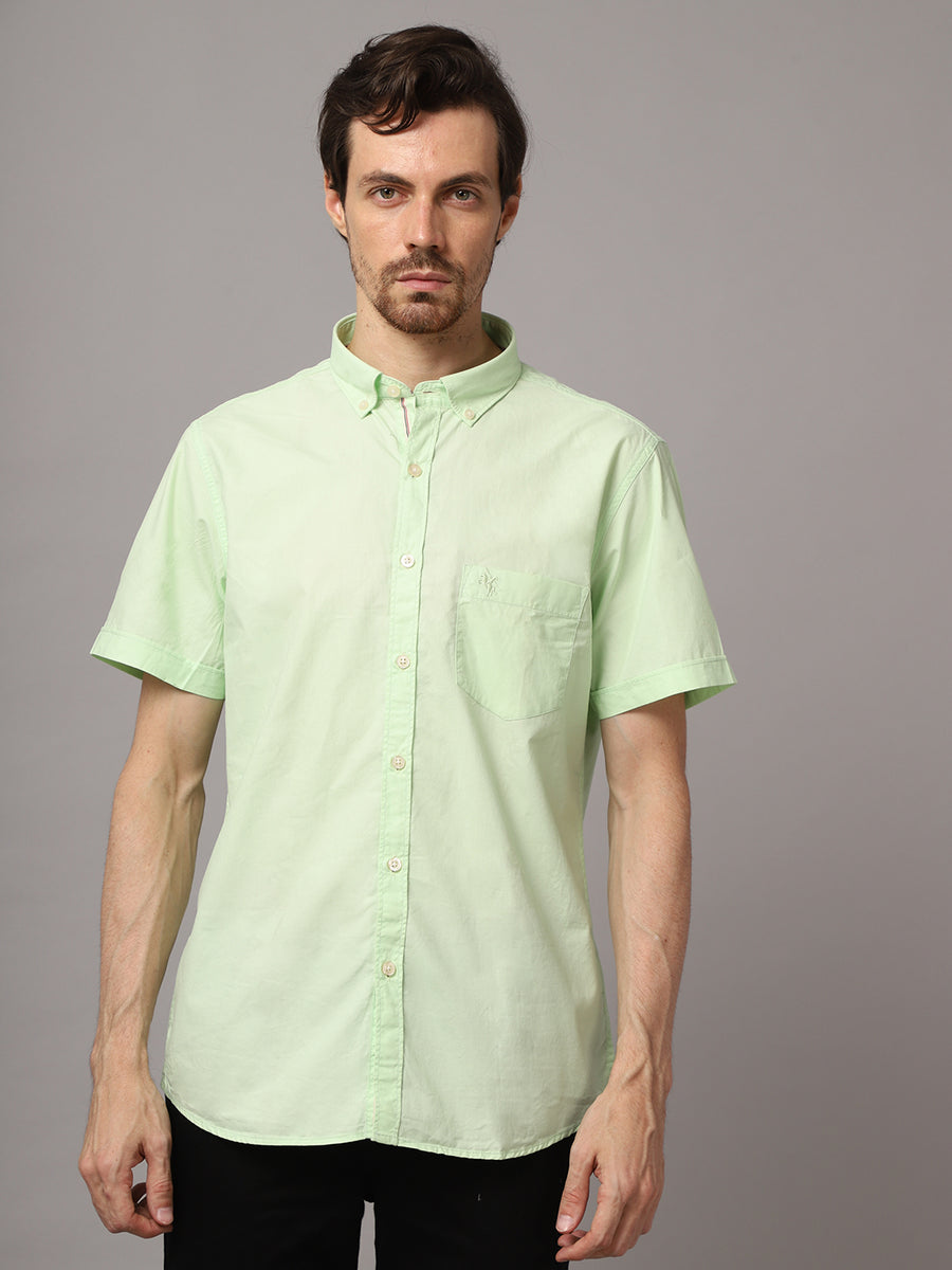 Cantabil Cotton Solid Light Green Half Sleeve Regular Fit Casual Shirt