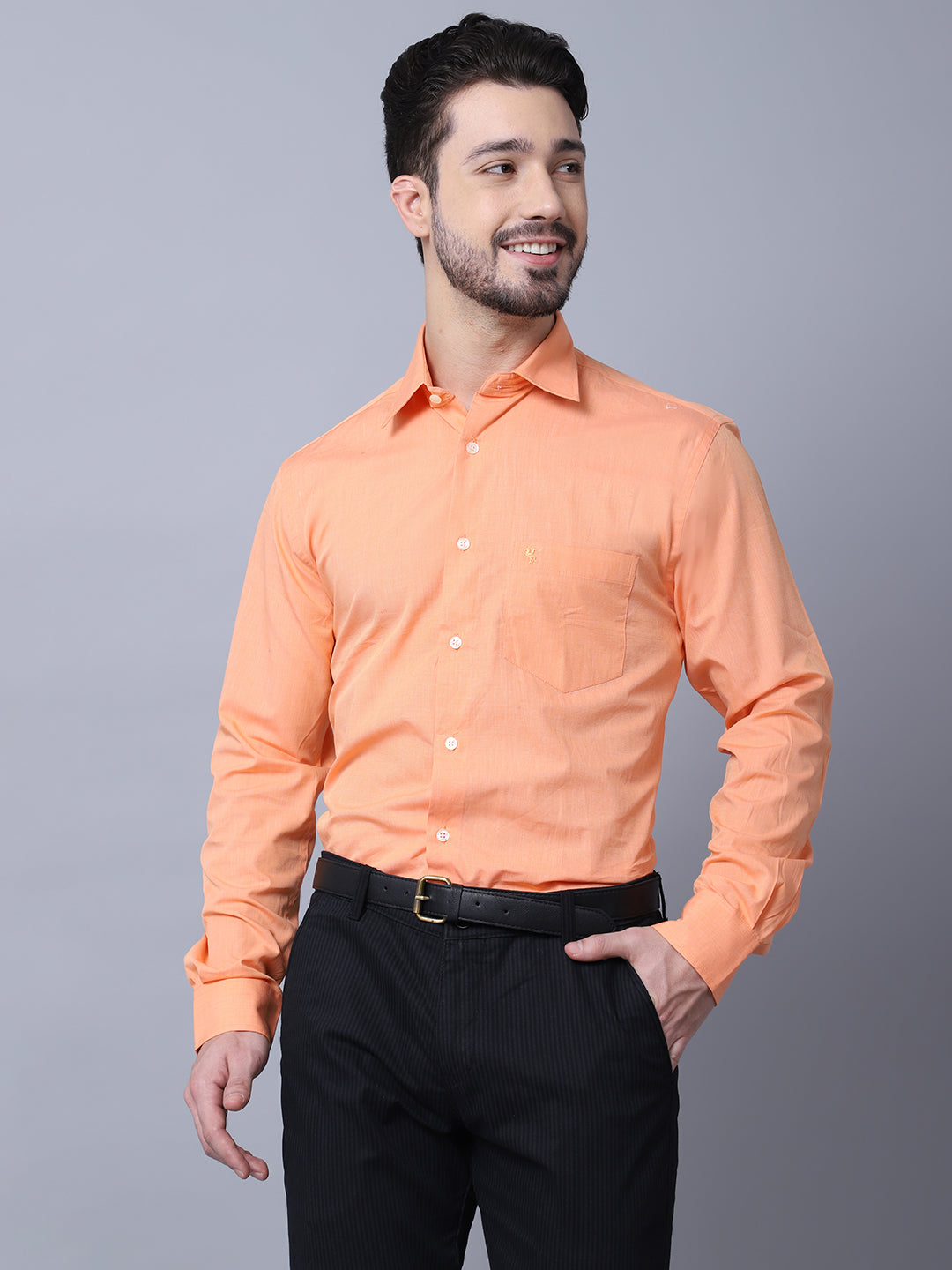 Cantabil Men Orange Cotton Blend Solid Full Sleeves Regular Fit Formal Shirt with Pocket (7053803192459)