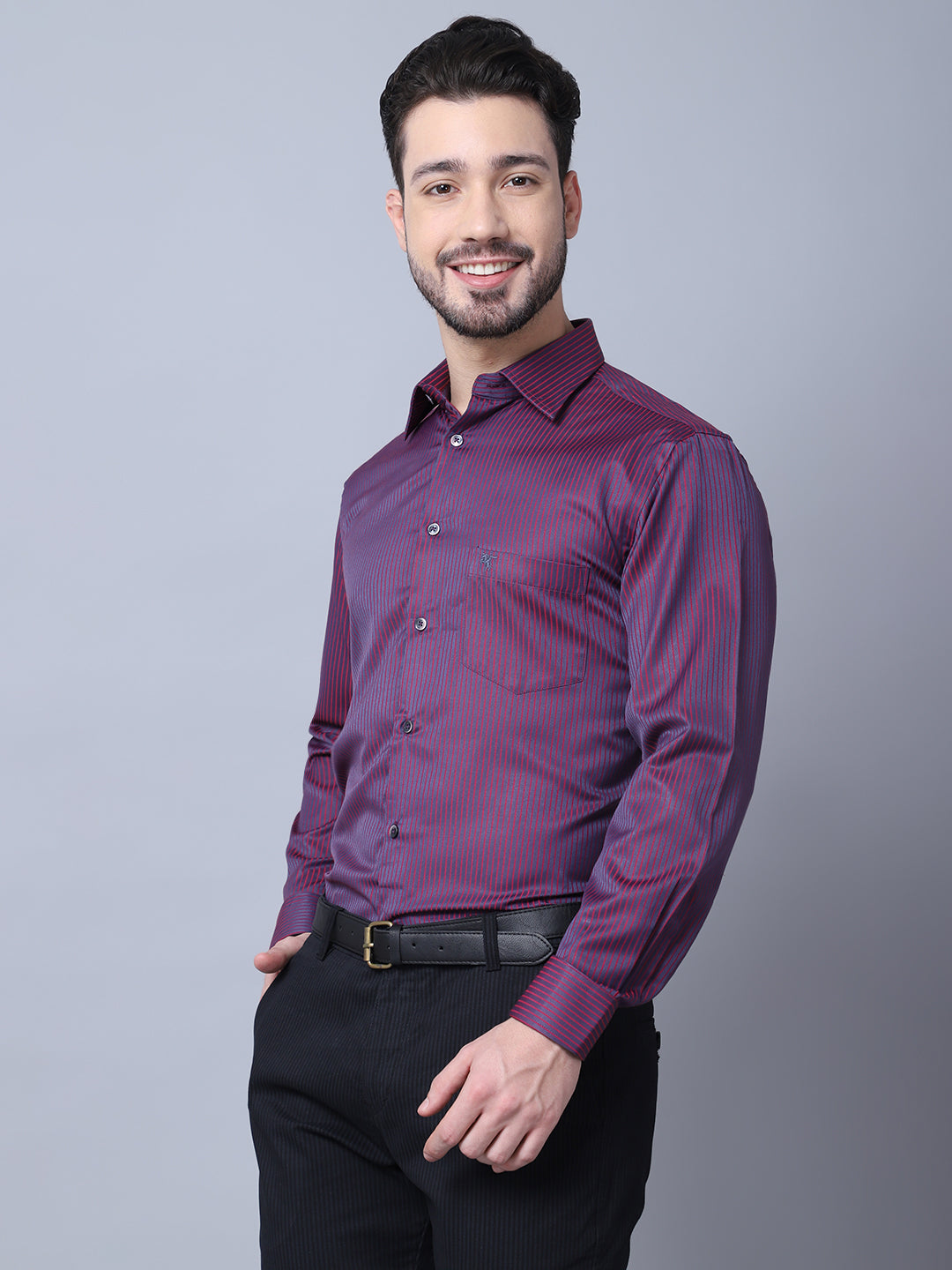 Cantabil Cotton Blend Striped Purple Full Sleeve Regular Fit Formal Shirt for Men with Pocket (7053895336075)