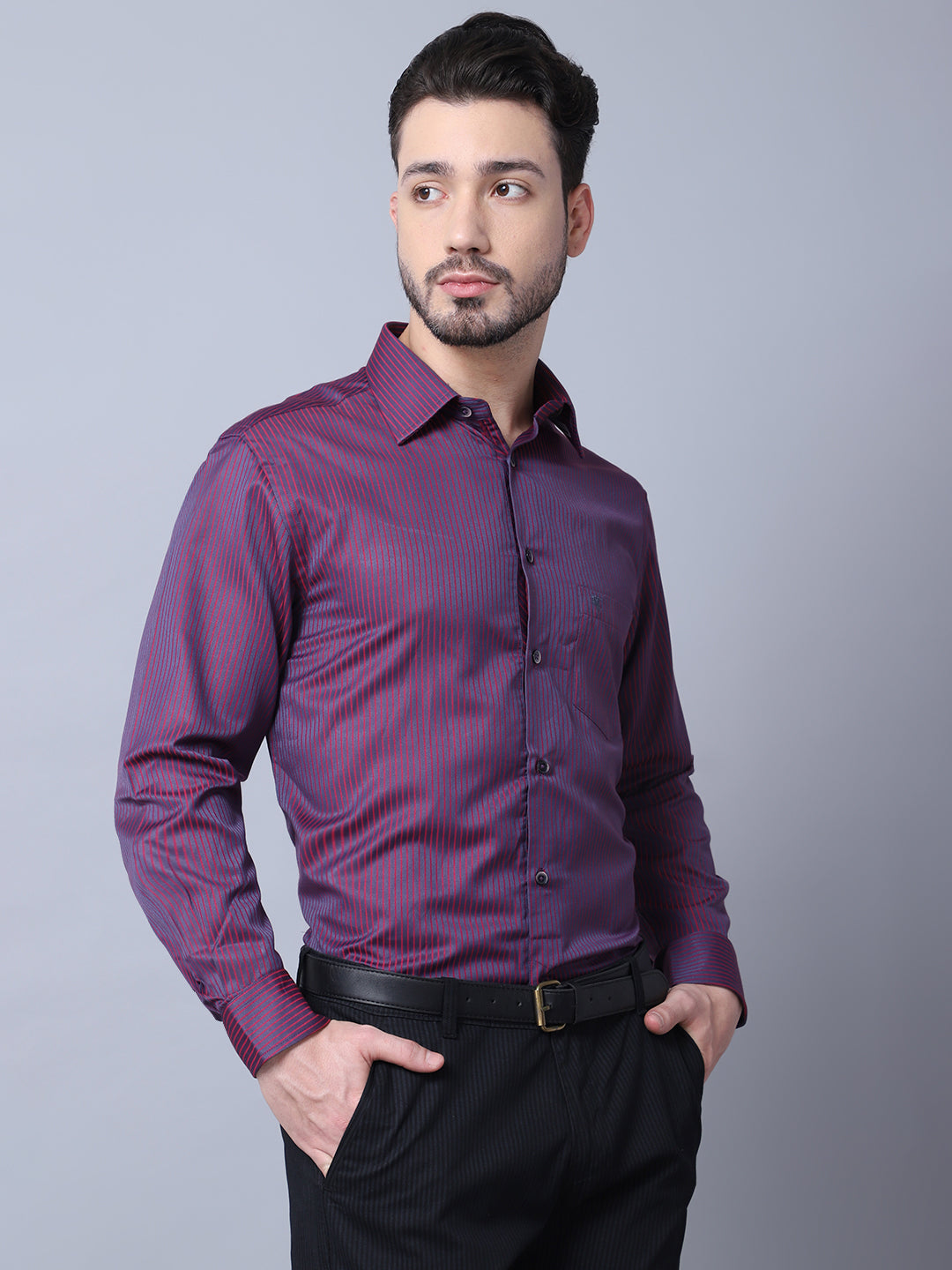 Cantabil Cotton Blend Striped Purple Full Sleeve Regular Fit Formal Shirt for Men with Pocket (7053895336075)